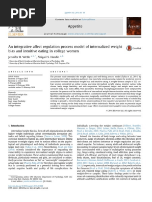 An Integrative Affect Regulation Process Model of Internalized Weight Bias and Intuitive Eating in College Women
