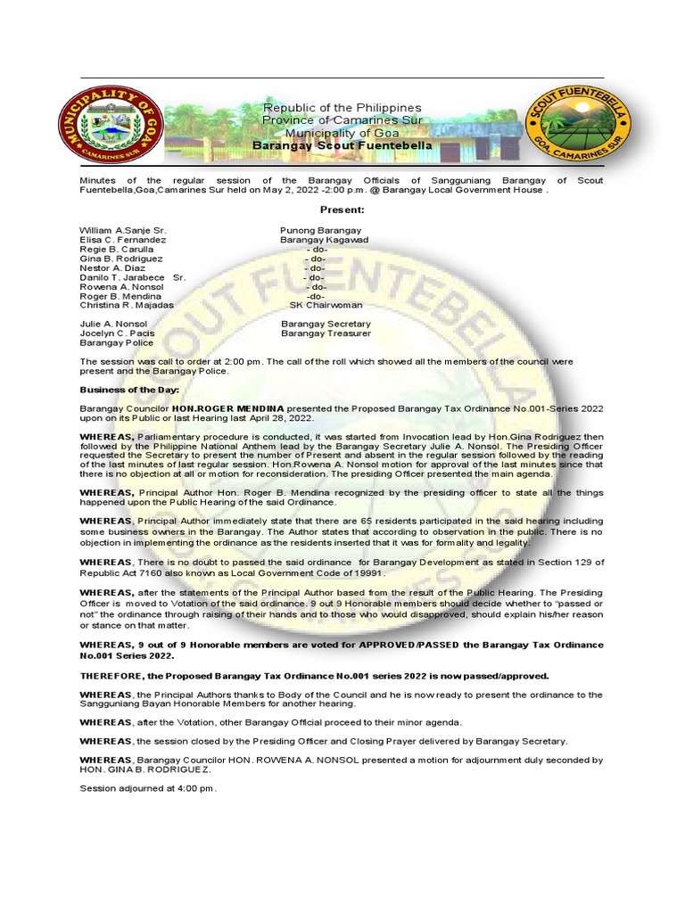 Minutes of Scout Fuentebella Barangay Council Meeting PDF Public