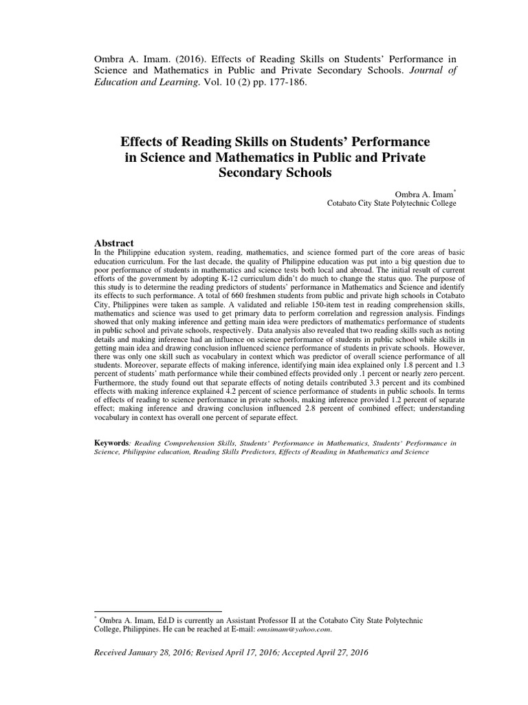 Reading Skills Impact on Math and Science Performance | PDF | Dependent ...