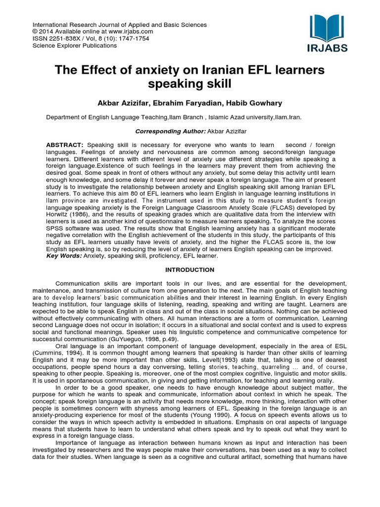 The Effect of Anxiety On Iranian Efl Learners Speaking Skill ...