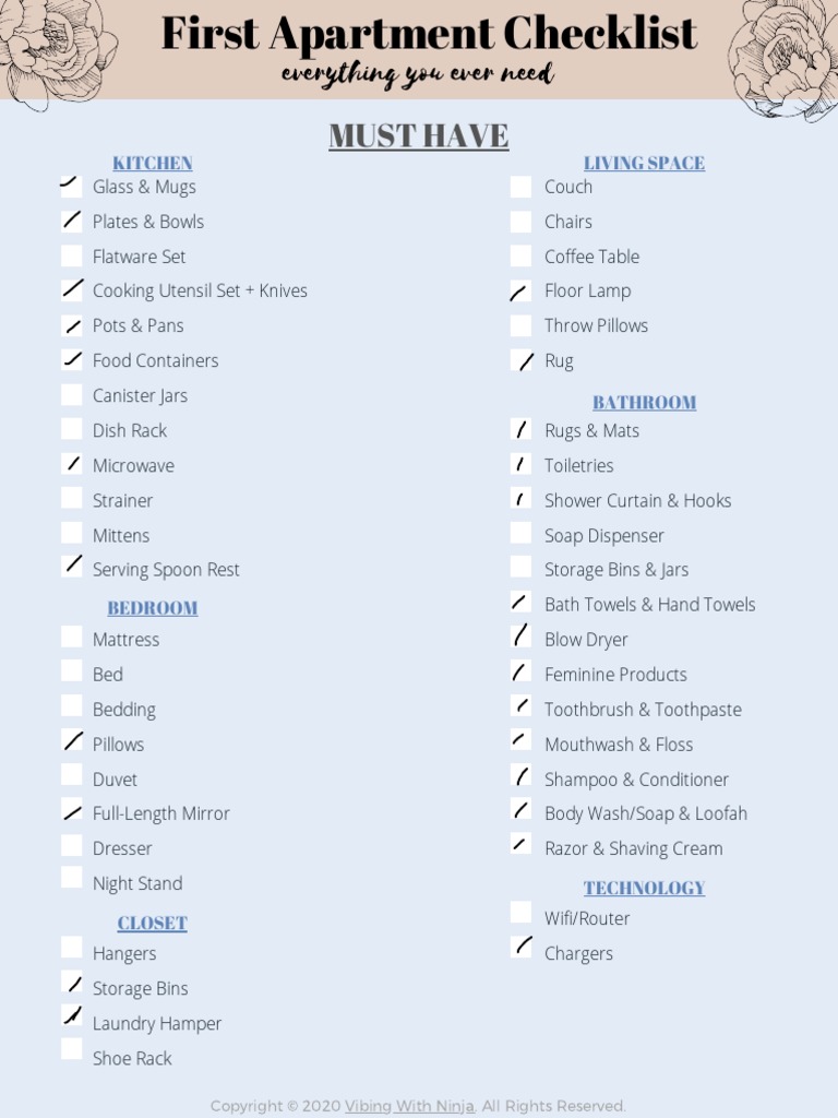 First Apartment Checklist PDF Bathroom Bedroom