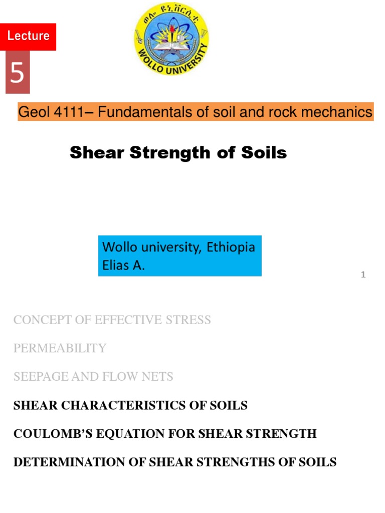 Lecture 5 Shear Strength of Soils PDF Soil Mechanics Strength Of