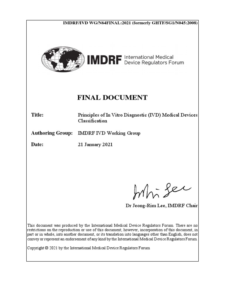 Imdrf Principles of in Vitro Diagnostic (IVD) Medical Devices