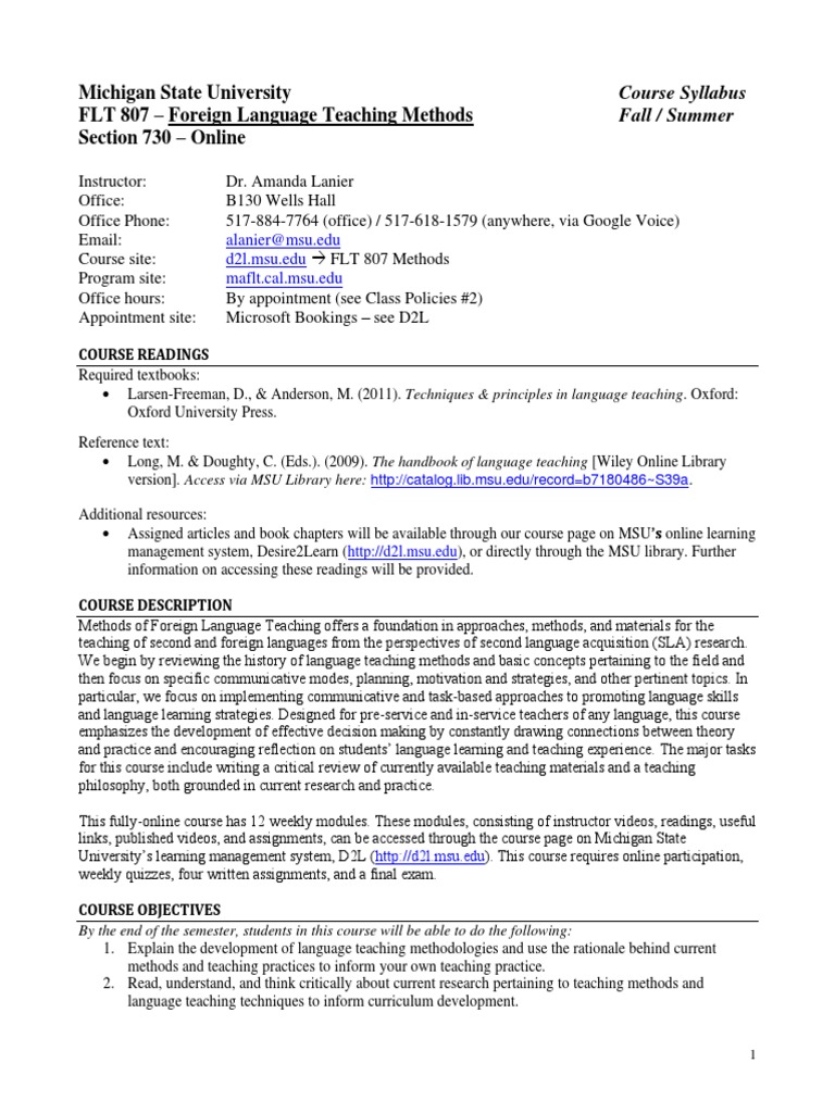 Sample Syllabus FLT807 Foreign Language Teaching Methods PDF