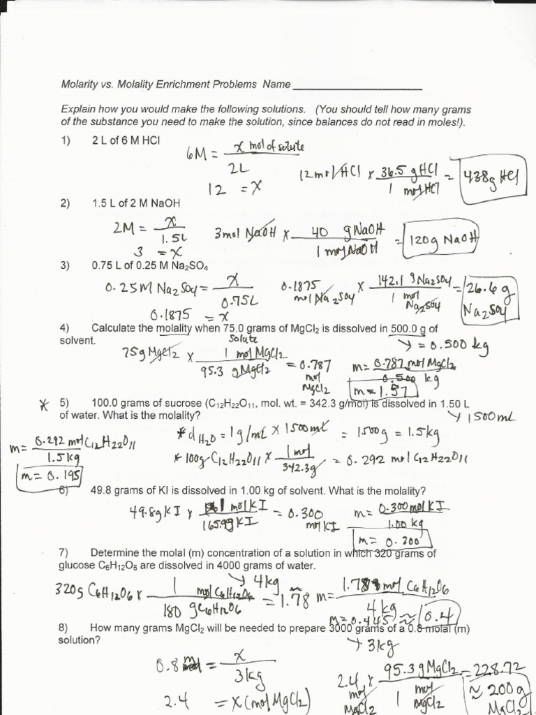Molality vs. Molarity Practice Problems-Key-5 | PDF