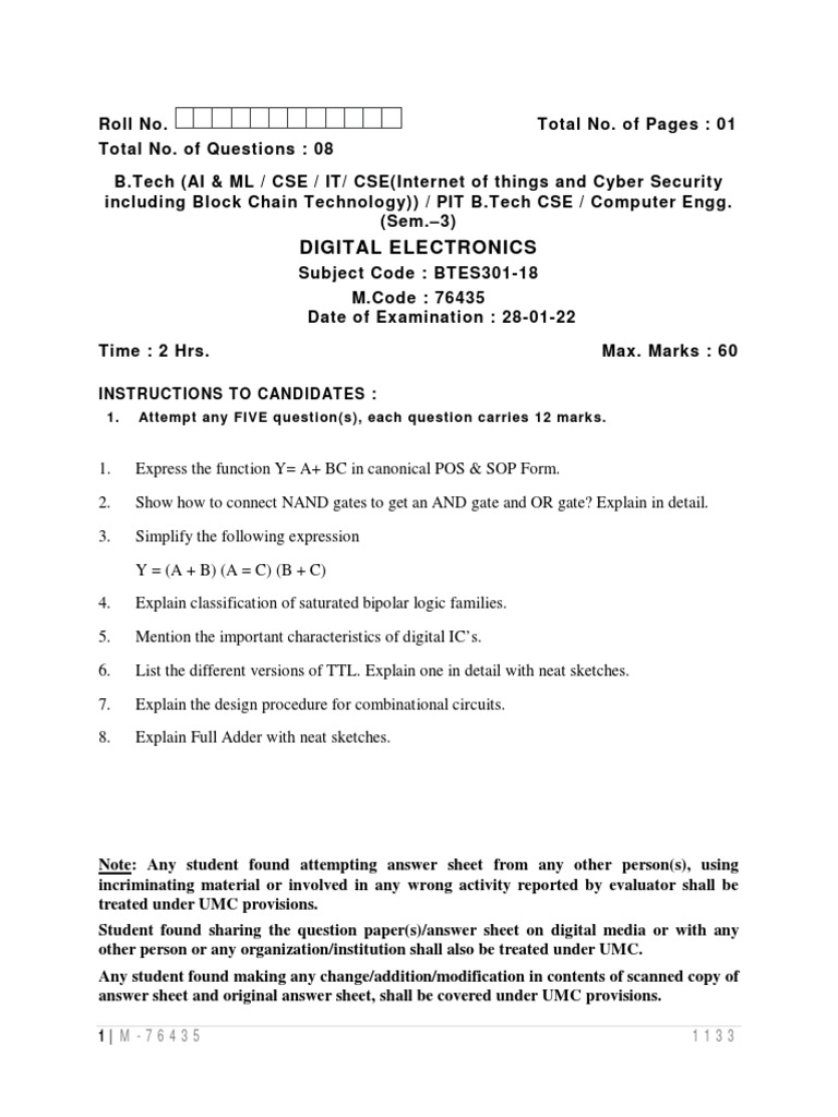 B.Tech Digital Electronics Exam Questions | PDF