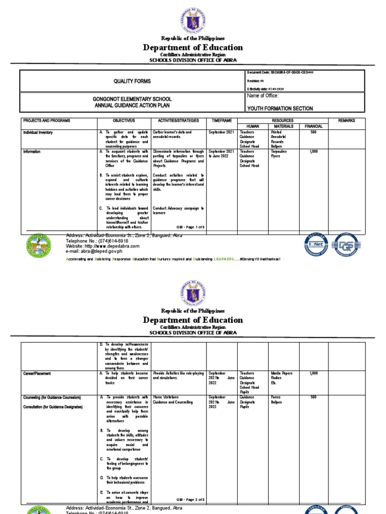Annual Guidance Action Plan for Schools | PDF | Learning | School Counselor
