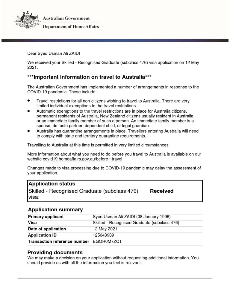 Visa Application Acknowledgement - Subclass 476 | PDF | Travel Visa ...