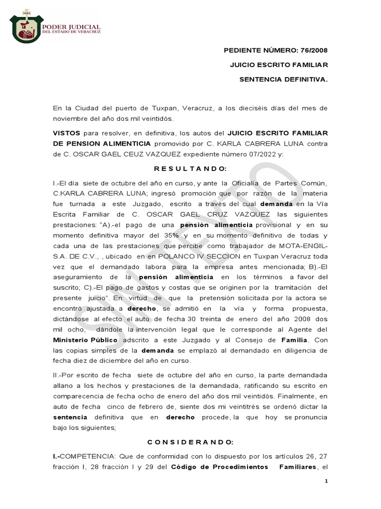 SENTENCIA de Alimentos PDF Pensión alimenticia Sentencia (ley)