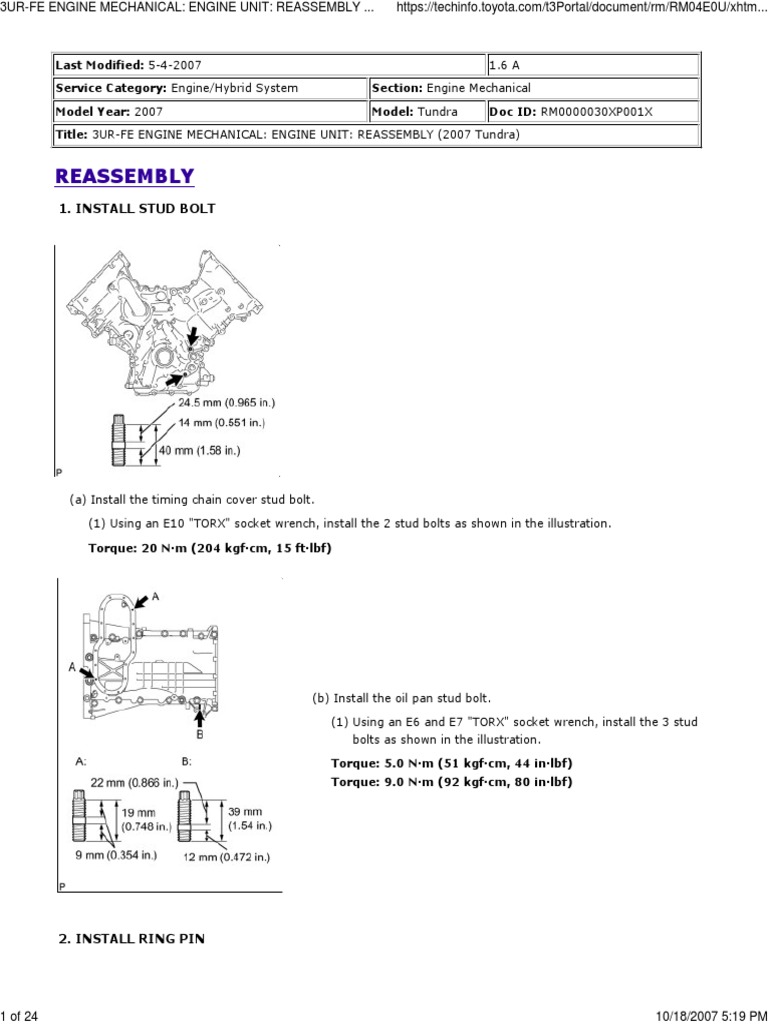3ur-Fe Engine Mechanical Engine Unit Reassembly (2007 Tundra) | PDF ...