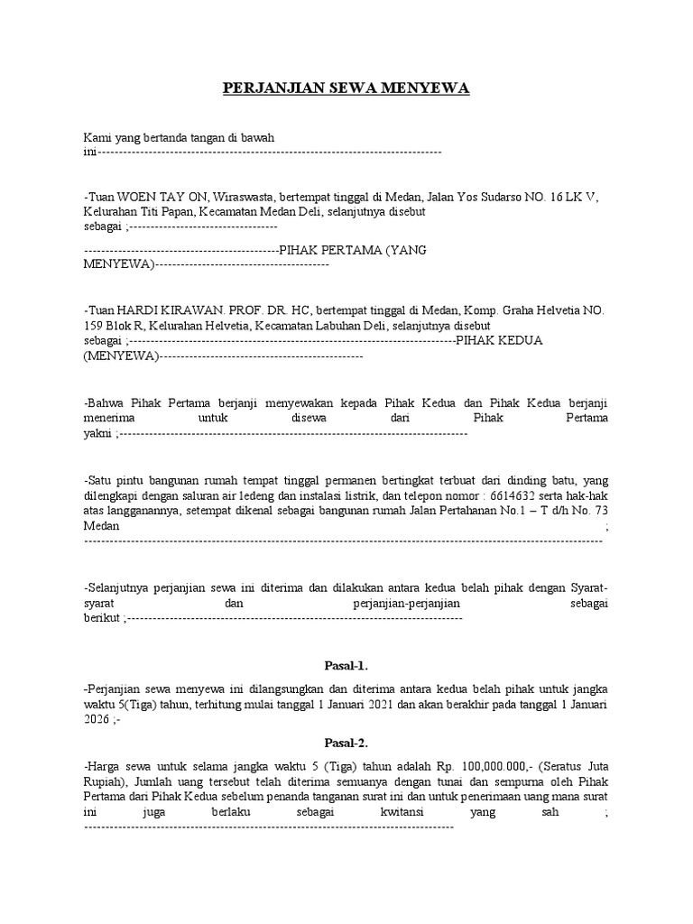 Perjanjian Sewa Menyewa Tanah Medan | PDF