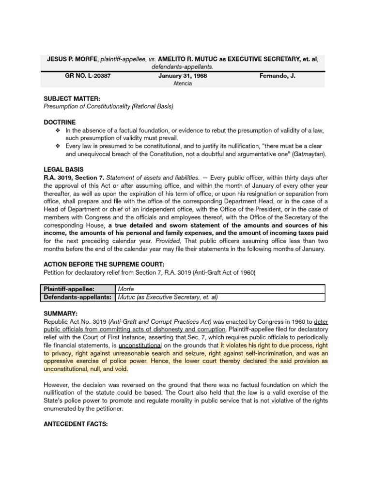 Morfe v. Mutuc: R.A. 3019 Validity Upheld | PDF | Nullification (U.S ...