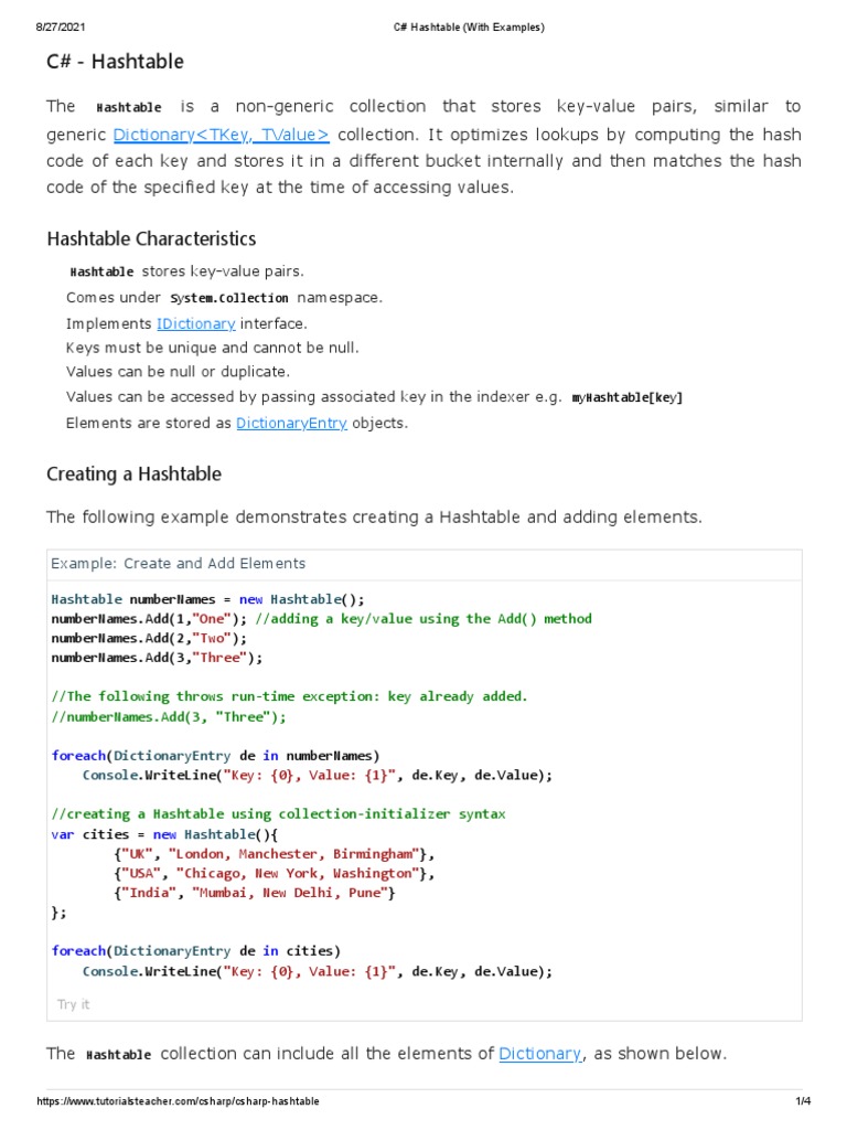 C# Hashtable (With Examples) | PDF | C Sharp (Programming Language ...