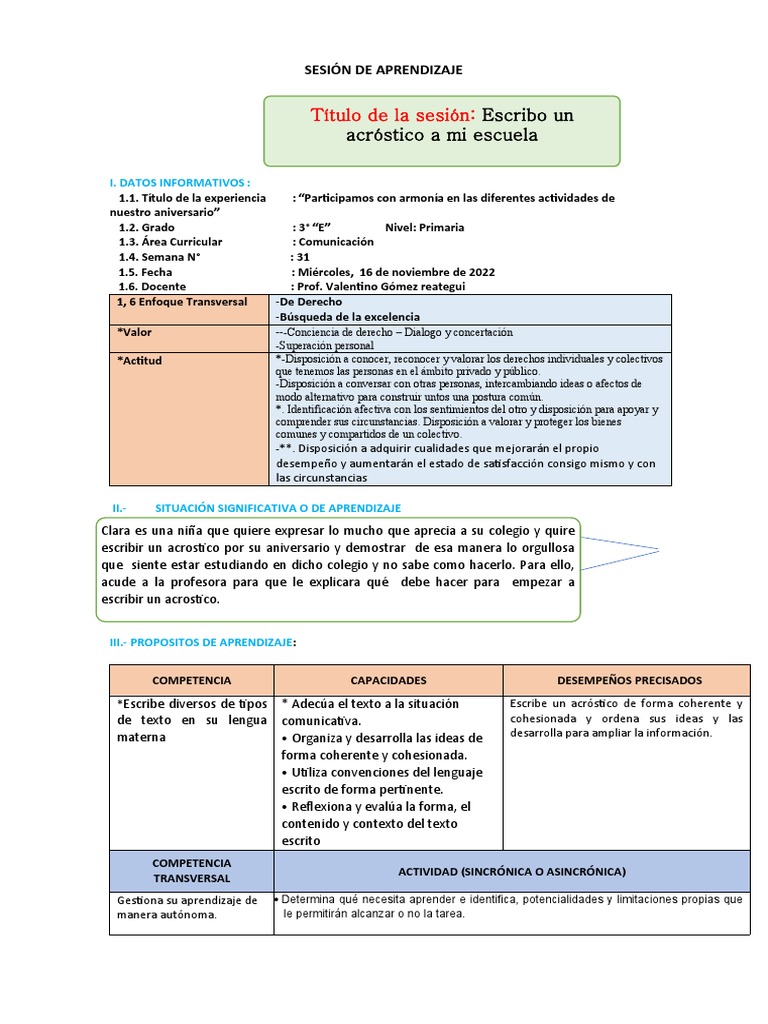 Sesión de Aprendizaje de Com. 16 - 11 - 22 | PDF | Evaluación | Aprendizaje