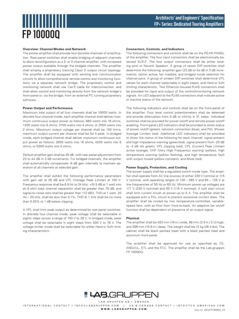 Lab.gruppen FP 10000Q Specifications | PDF | Amplifier | Decibel