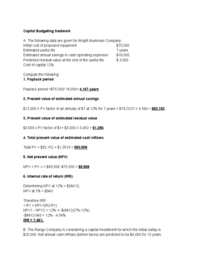 Capital Budgeting Seatwork | PDF | Net Present Value | Present Value