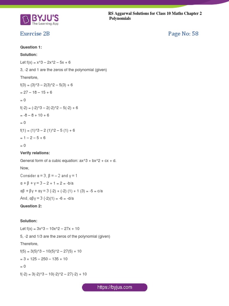 RS Aggarwal Solution Class 10 Maths Chapter 2 Polynomials Exercise 2B ...