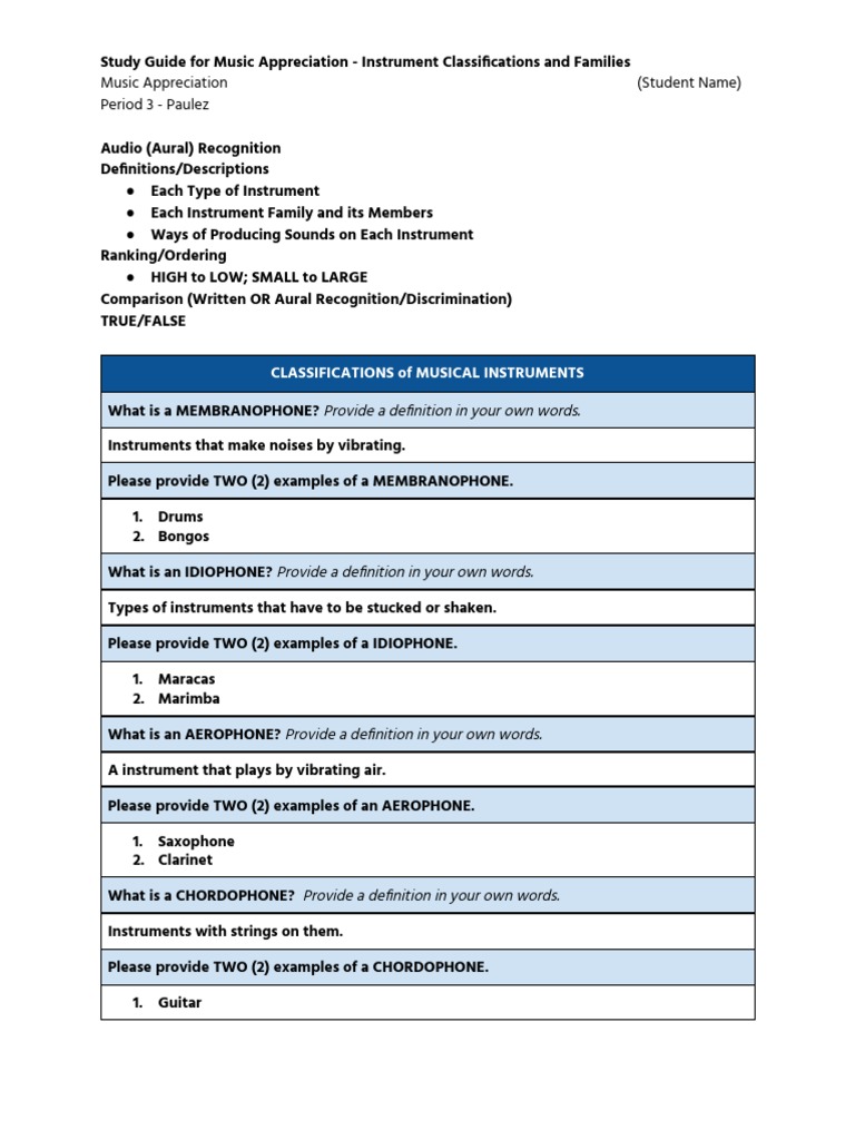 Study Guide For Music Appreciation Instrument Classifications and