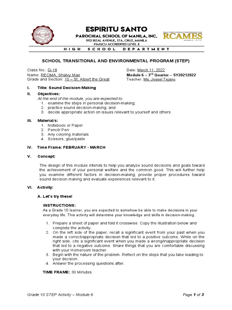 Homeroom Guidance Module # 6 | PDF | Decision Making | Teachers