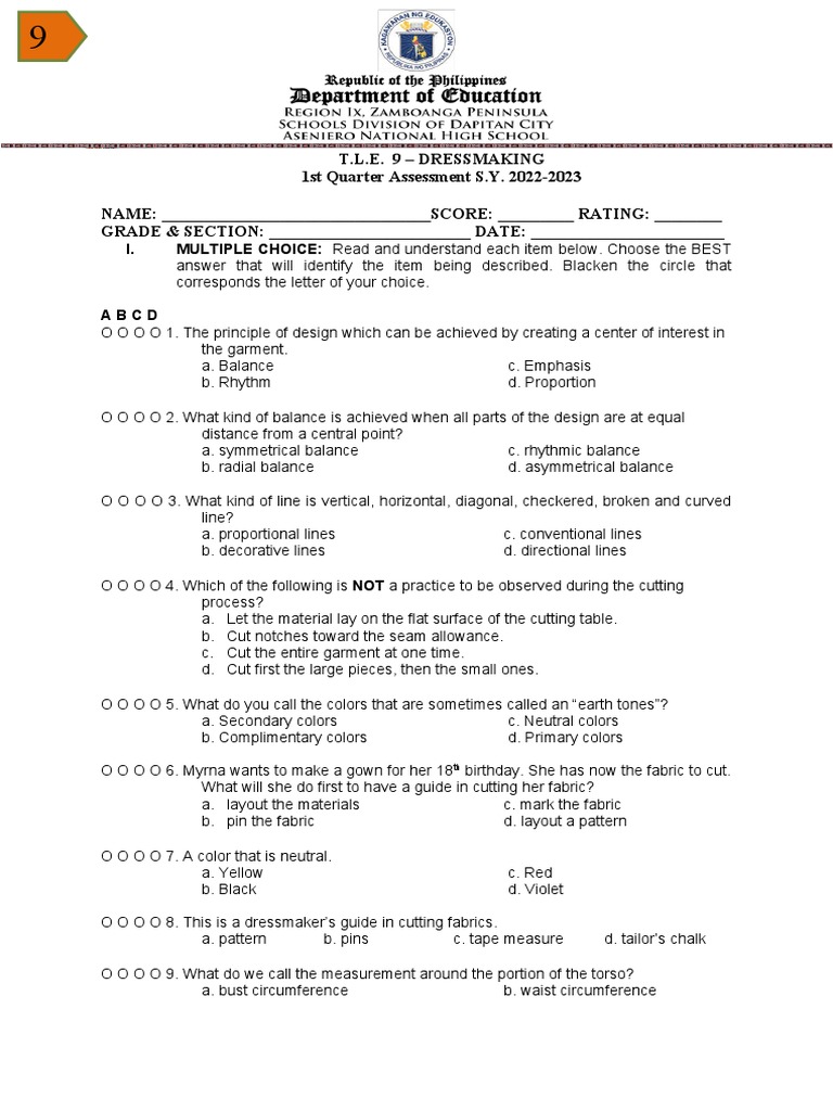 1st Quarter Exam Dressmaking PDF Softlines (Retail) Consumer Goods