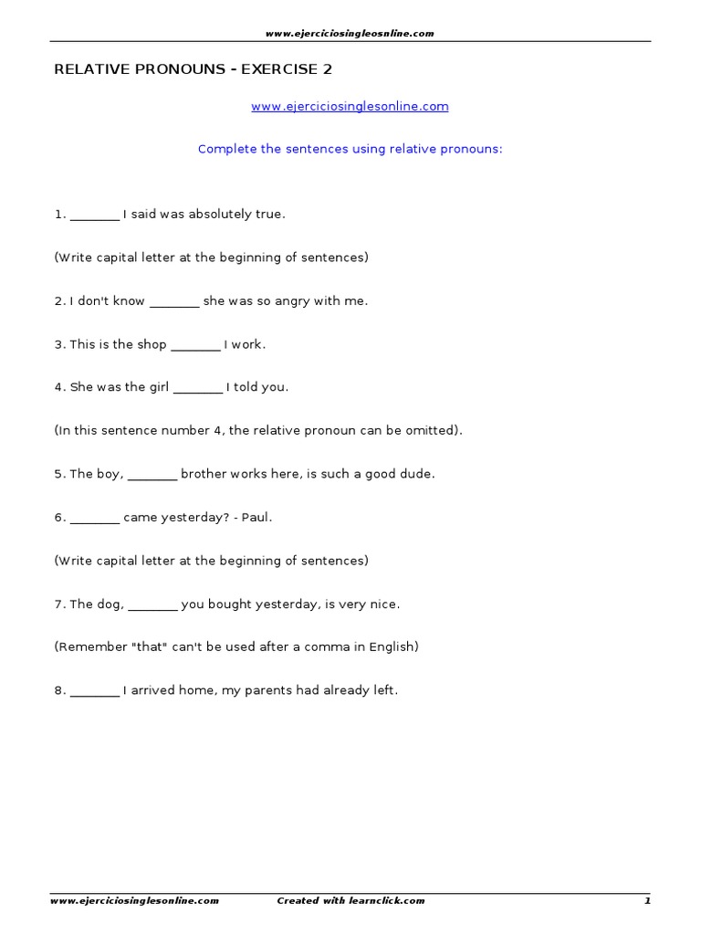 Relative Pronouns Exercise Worksheet | PDF