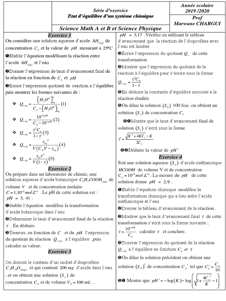 Exercices sur l'équilibre chimique | PDF | Équilibre chimique | Ph