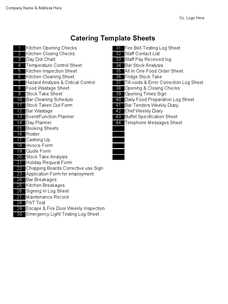 Catering Template Sheets