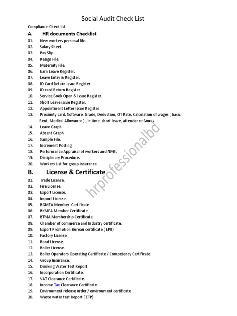 Social Compliance Audit Checklist | PDF