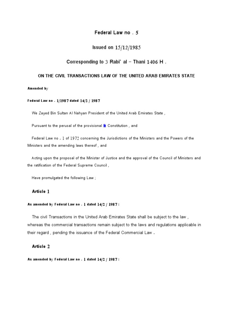 Federal Law No 51985 ON THE CIVIL TRANSACTIONS LAW PDF Offer And Acceptance Coercion