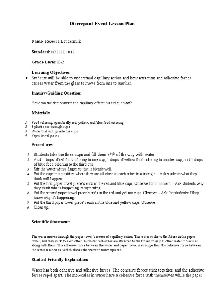 Discrepant Event Lessonplan Template 3 PDF Water Adhesion