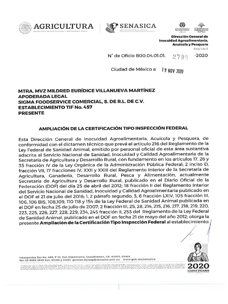 Sigma Food Service - Oficio B00.04.01.01.2795 191120 Ampliación | PDF
