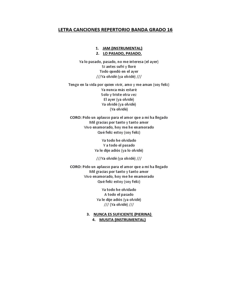 Letra Canciones Repertorio Banda Grado 16 | PDF | Amor | Las emociones