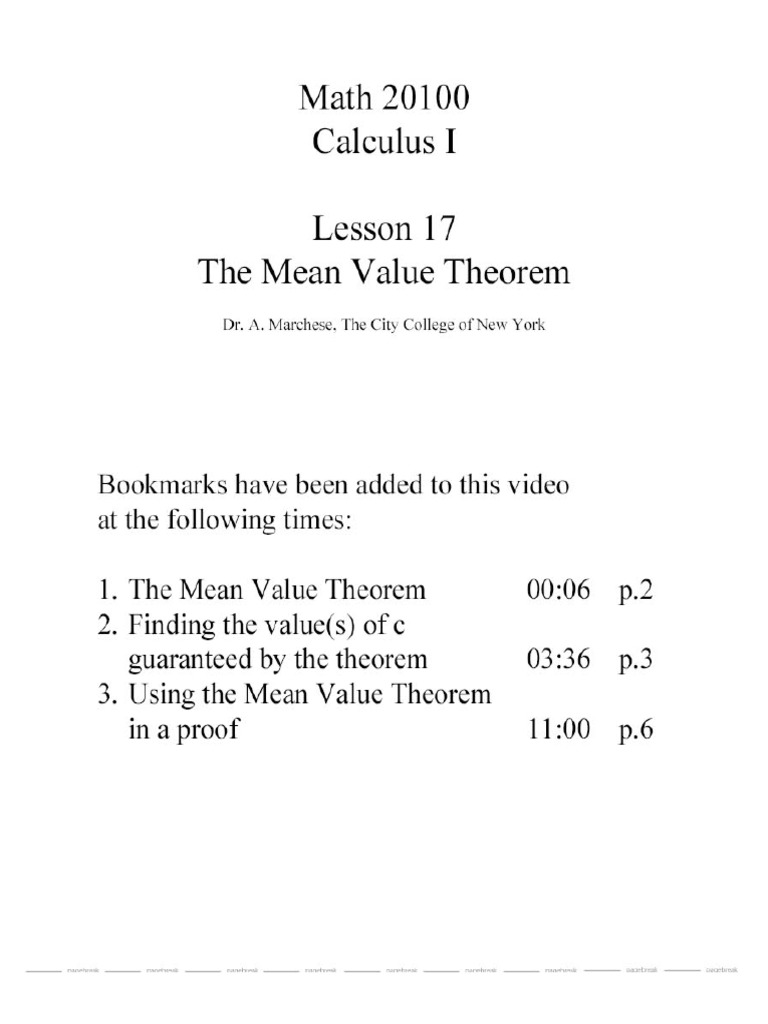 Calc I Lesson 17 The Mean Value Theorem PDF