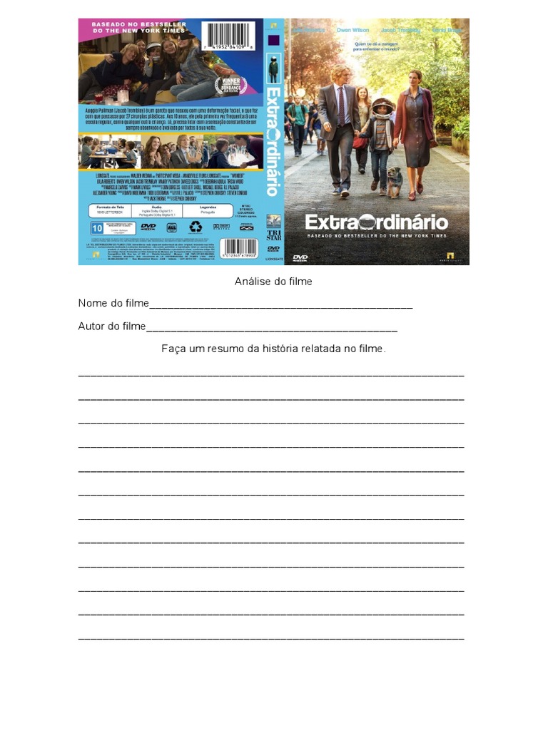 Atividade sobre o filme Extraordinário | PDF | Jogos e Atividades ...