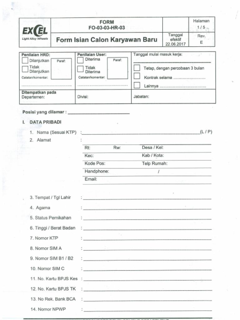 FORM ISIAN CALON KARYAWAN BARu | PDF