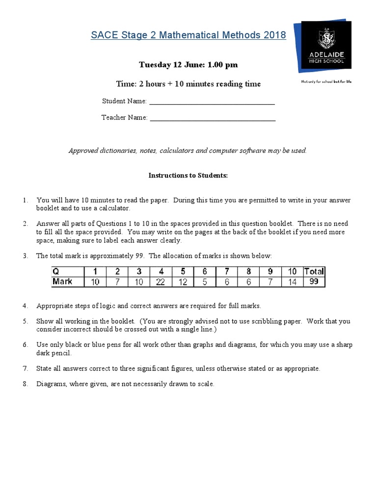 2018 Maths Methods Midyear Exam | PDF | Area | Tangent