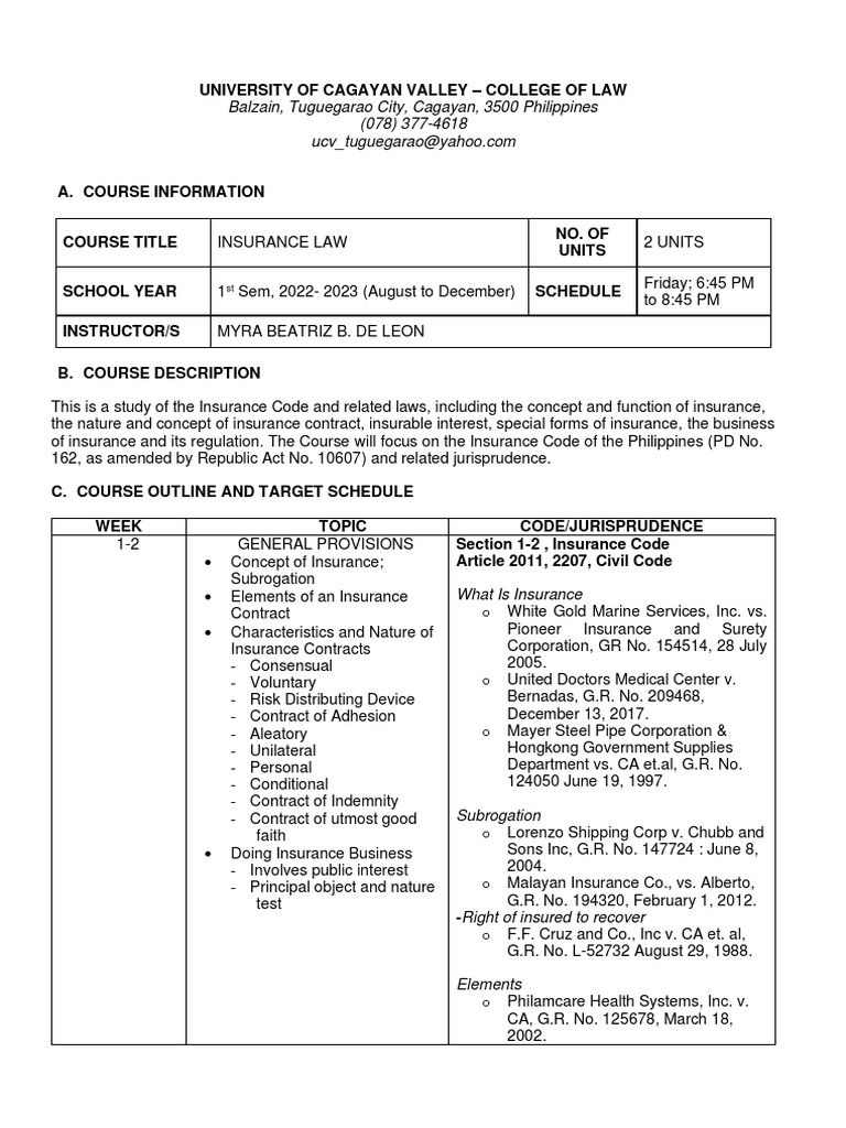 Insurance Law Syllabus | PDF | Educational Technology | Insurance