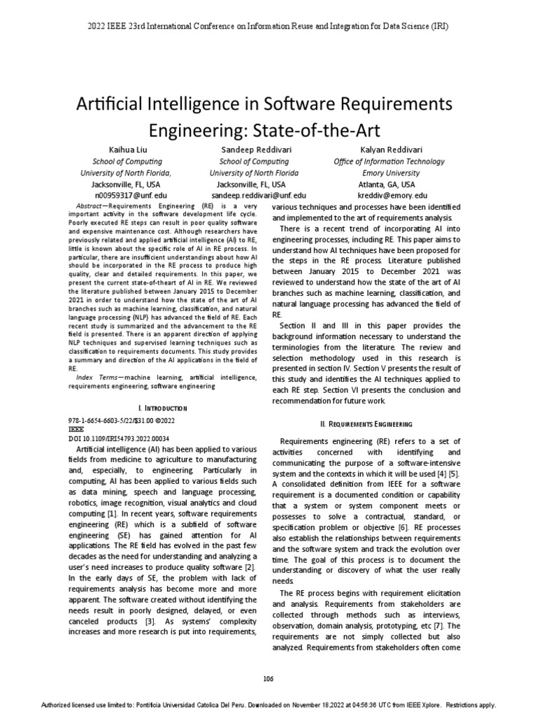 Artificial Intelligence in Software Requirements Engineering Stateof