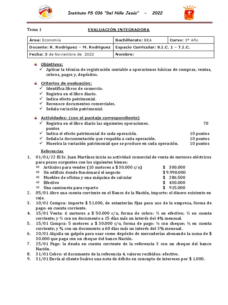 Examen Integrador 3° BEA Cole 2022 | PDF | Bancos | Contabilidad