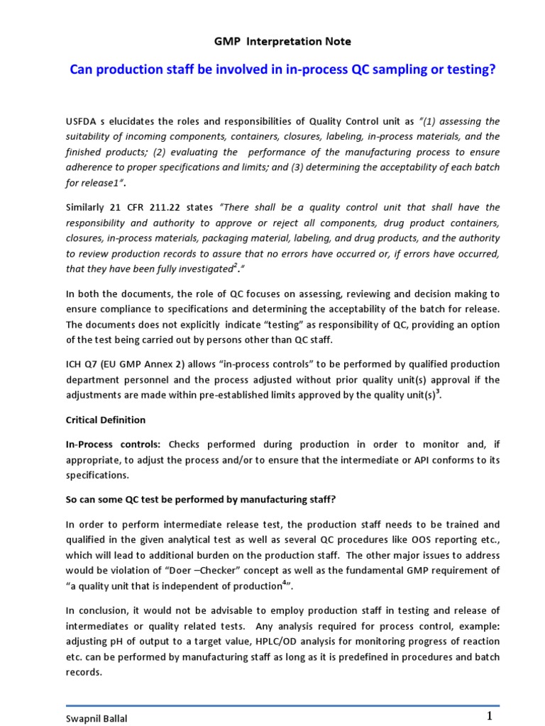 Testing by Production Staff - GMP Interpretation Note | PDF ...