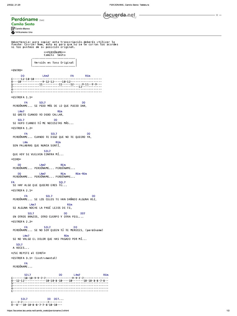 PERDONAME, Camilo Sesto Tablatura PDF