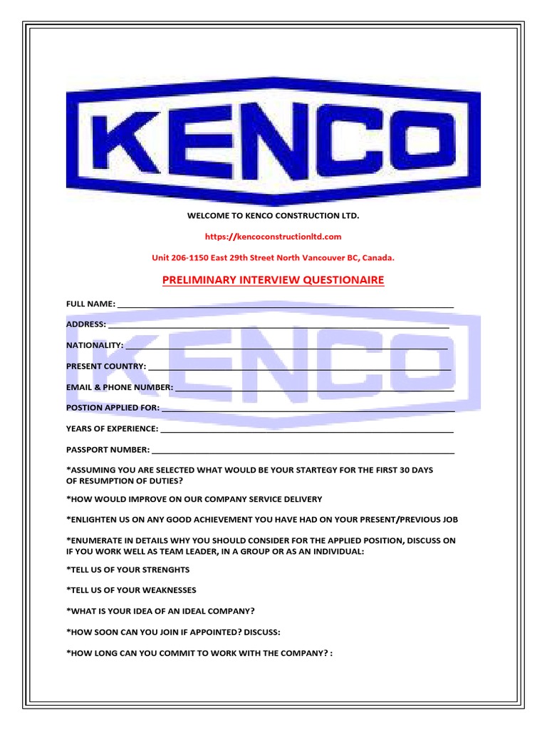 Kenco Construction Preliminary Form PDF Criminal Record Justice