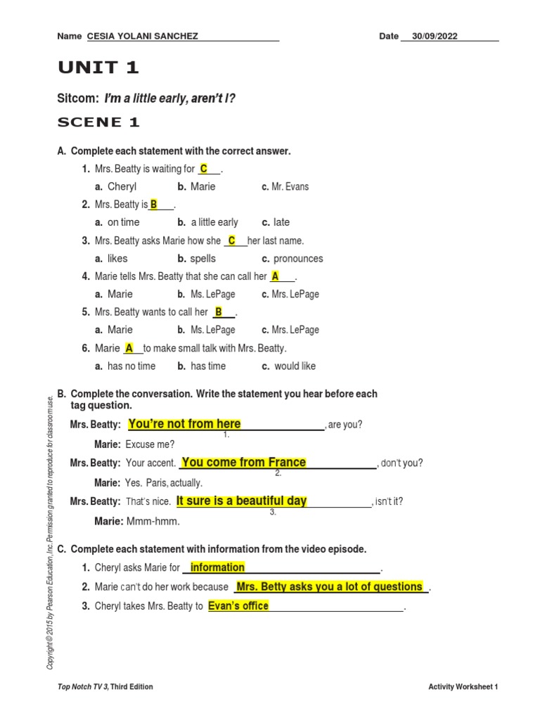 UNIT 01 TV Activity Worksheets | PDF