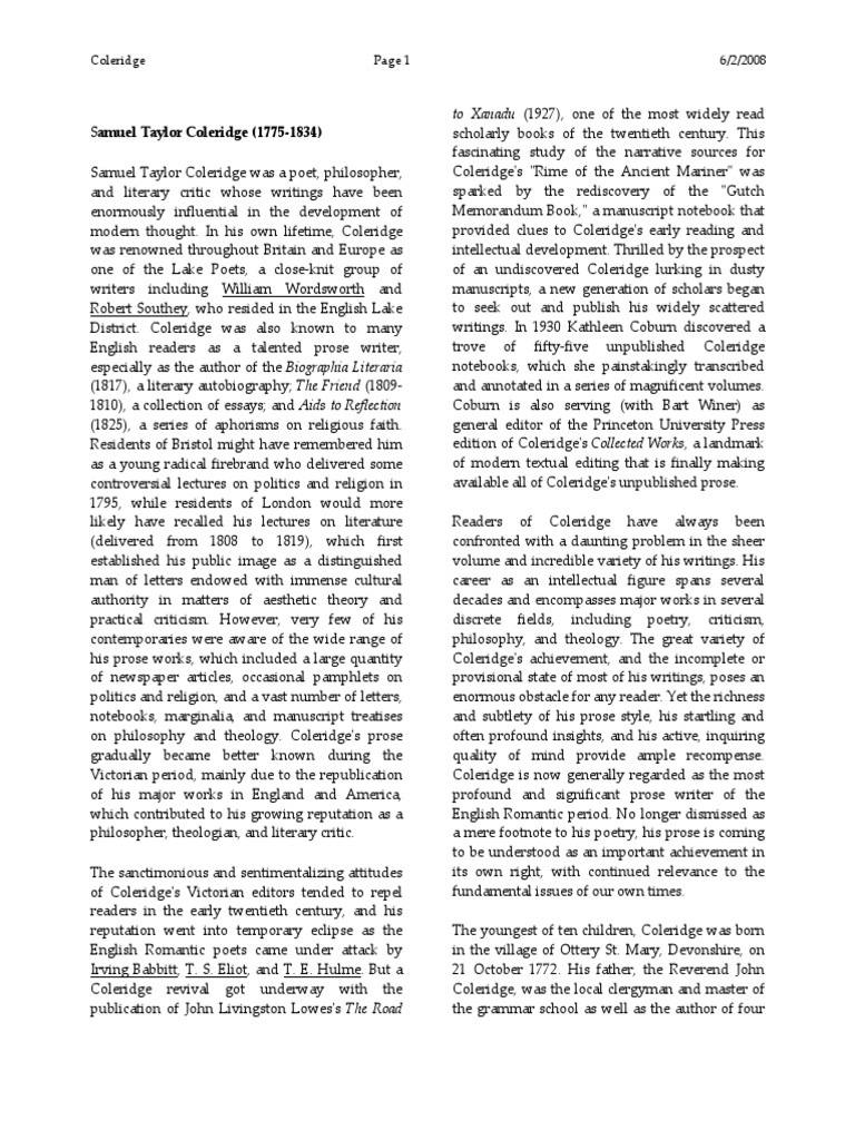 Coleridge | PDF | Samuel Taylor Coleridge | William Wordsworth