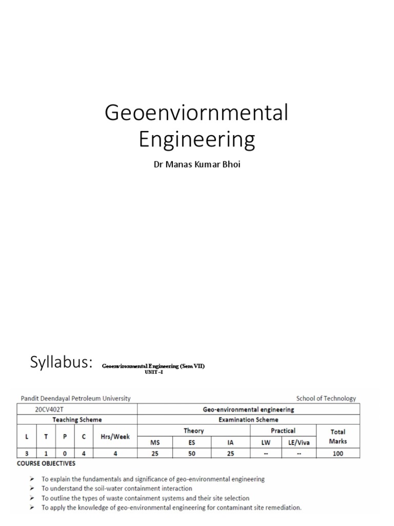 Geoenvironmental Engineering Syllabus An Overview of SoilWater