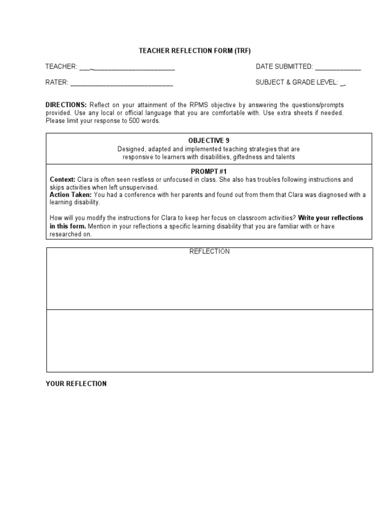 Teacher Reflection Form PDF Educational Assessment Learning