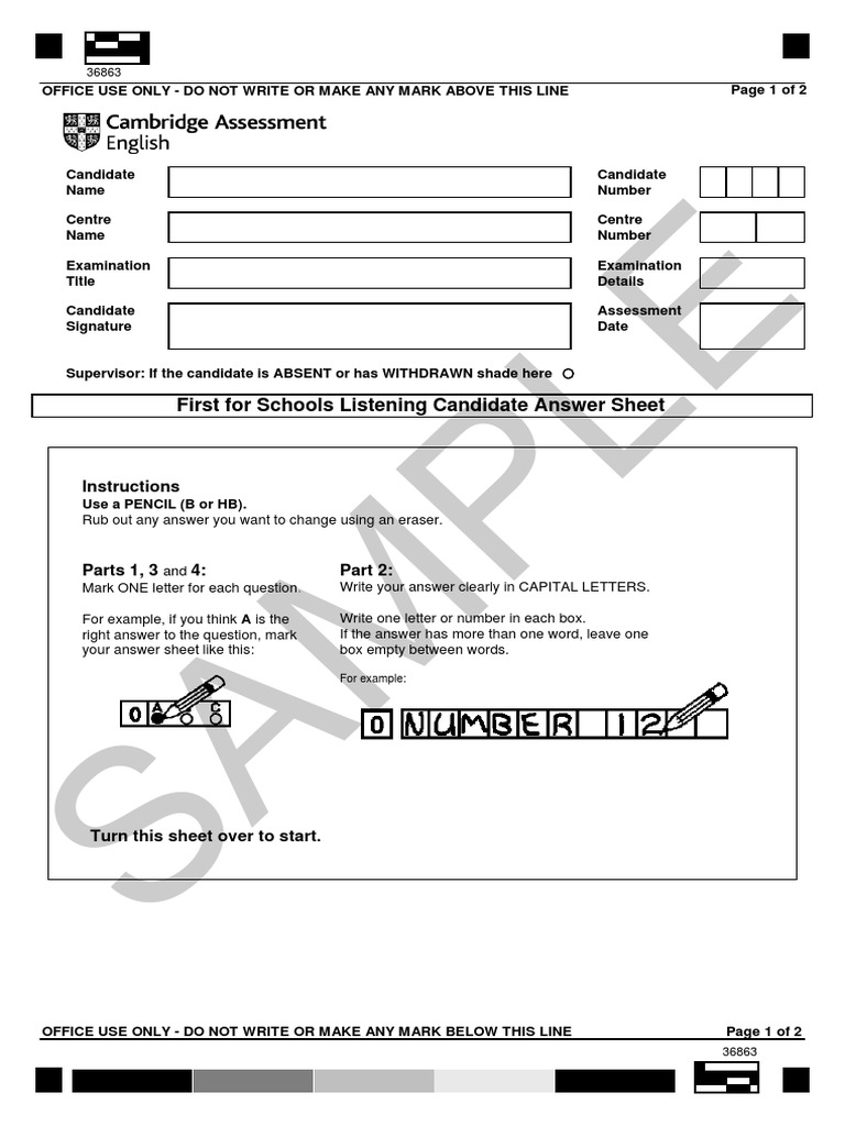 B2 First For Schools Listening Sample Answer Sheet | PDF