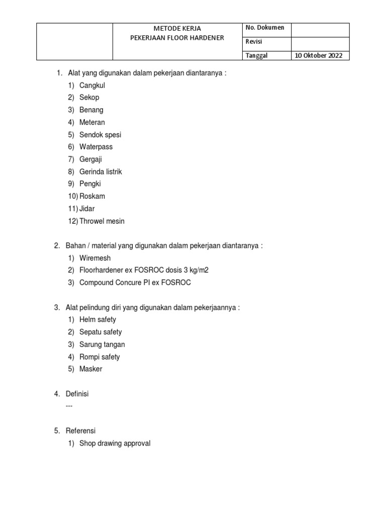 METODE PELAKSANAAN PEKERJAAN Floor Hardener PDF