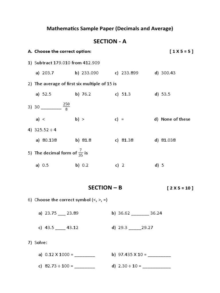 Grade 5 DecimalAverage PDF Mathematics Arithmetic