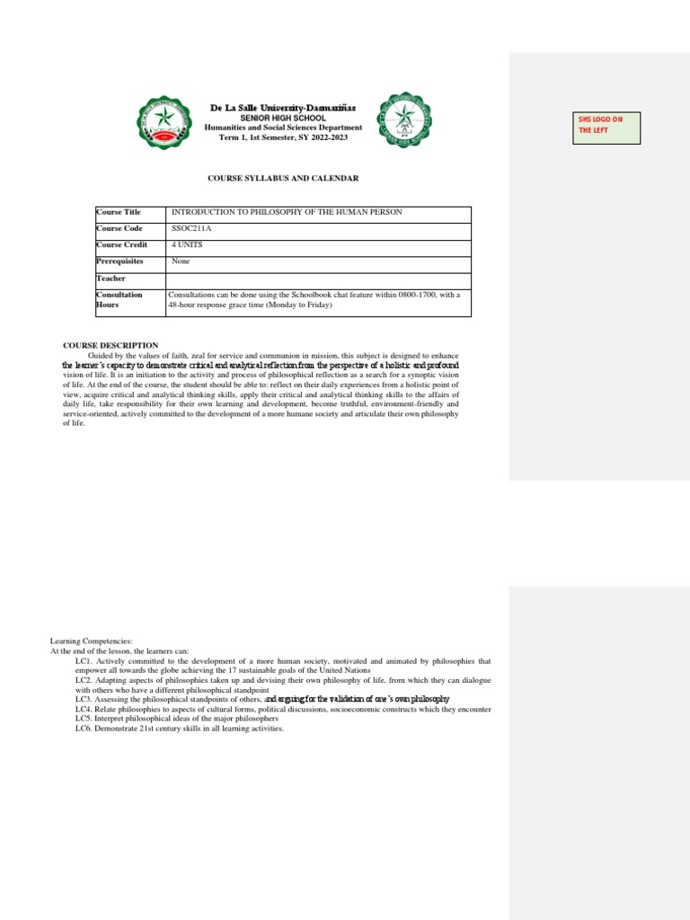 Introduction to philosophy syllabus 2022 2023 shs pdf learning truth